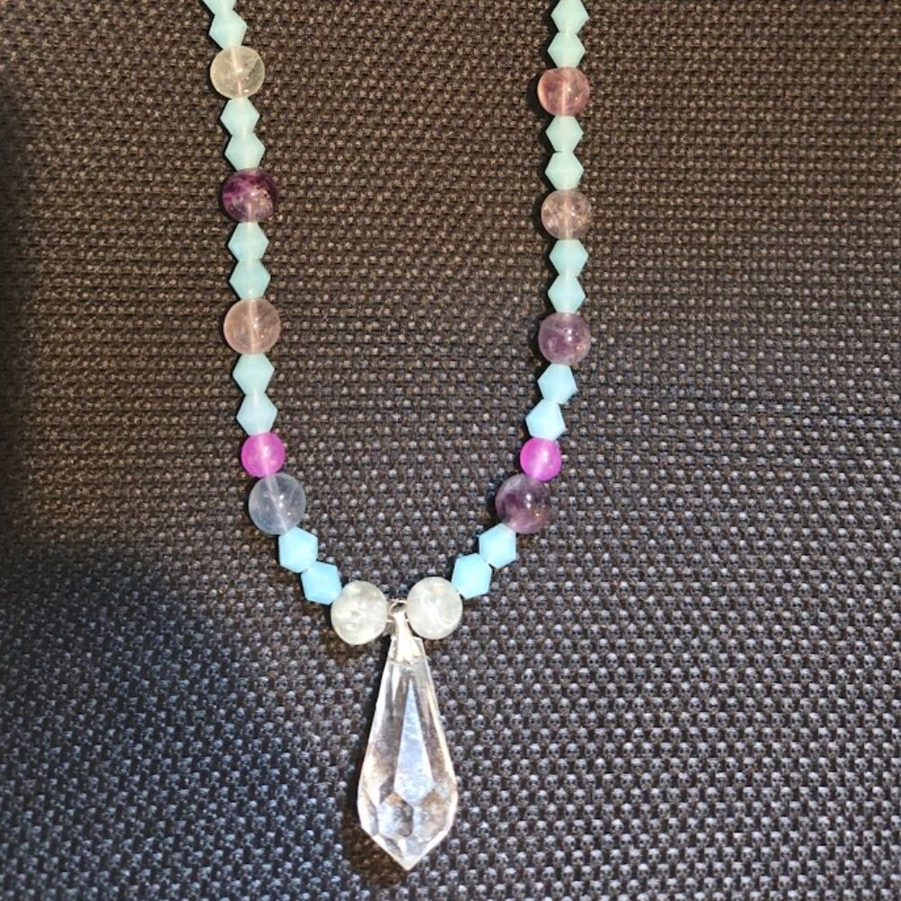 Crystal and Agate and light blue Necklace~ 20 inches handmade